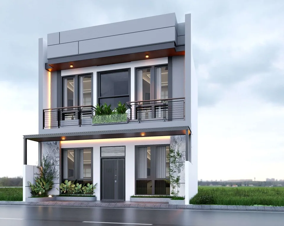 Render tampak depan unit Al Fatih Rivera, bangunan dua lantai bergaya modern