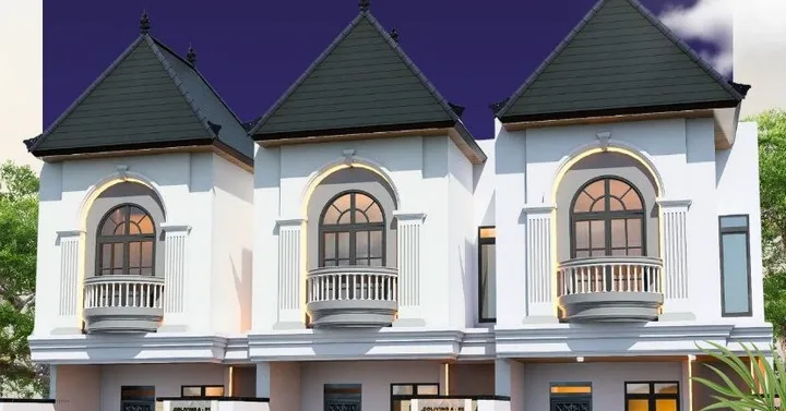 Render Al Fath Coliving 2: tiga unit dua lantai dengan atap limas dan balkon