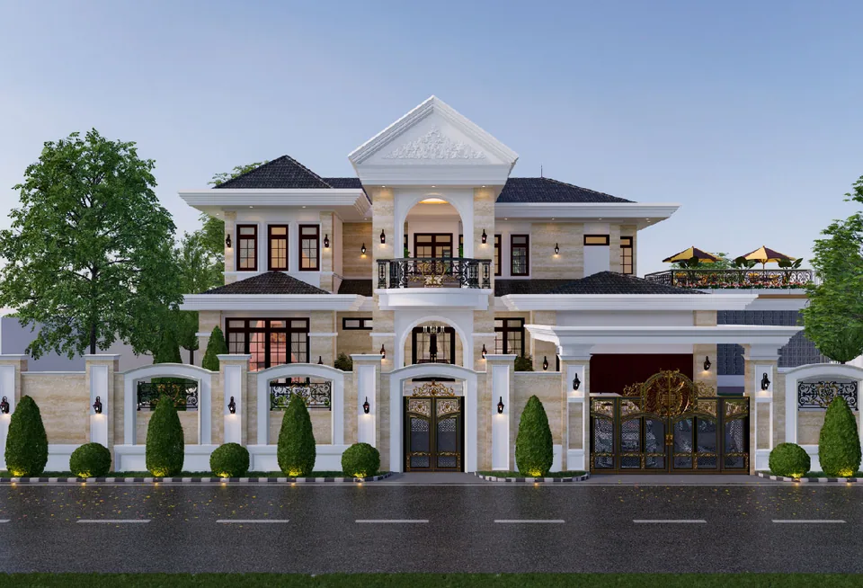 Render fasad Fatih Bogor Lakeside: rumah dua lantai bergaya Modern Mediterania